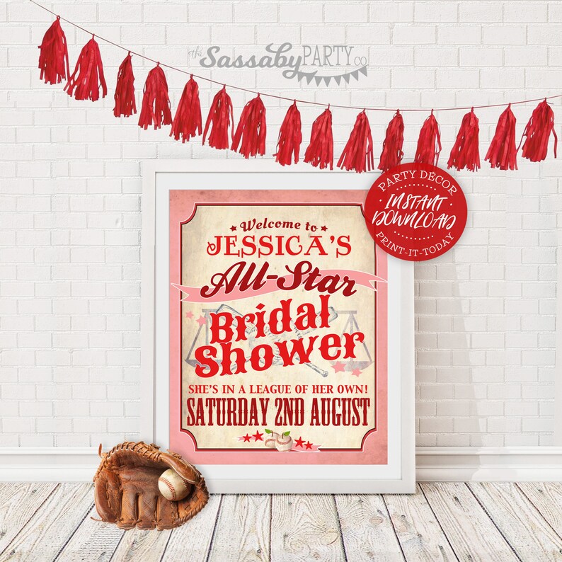 Girls Baseball Rockford Peaches Bridal Shower Poster, Sign, Pink, Red, League of Her Own, All-Star, Party Welcome Sign, Printable, Edit Text, Editable Message, Shower Decor, Decorations, Print Yourself