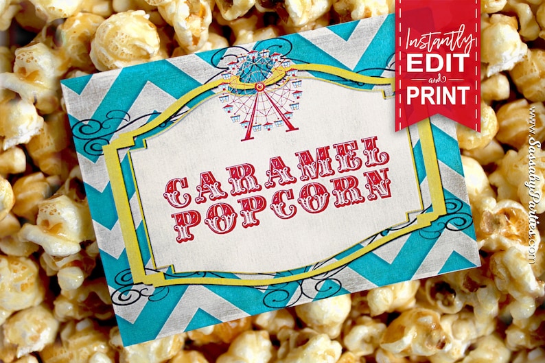 Carnival Circus Party Labels, Food, Candy, Tent Label, Birthday Party Decor, Carousel, Ferris Wheel, Decorations, Edit Yourself, Editable, Stripes, Instant Download, Printable, Print Yourself, Come One Come All