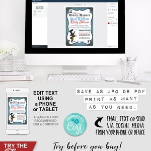 Alice in Wonderland Mad Hatter Tea Party Invitation, Edit Online with Corjl, Invite, Follow the White Rabbit, Edit Text, Editable, Printable, Print Yourself, Instant Download, Digital Files, Baby Shower, Blue,