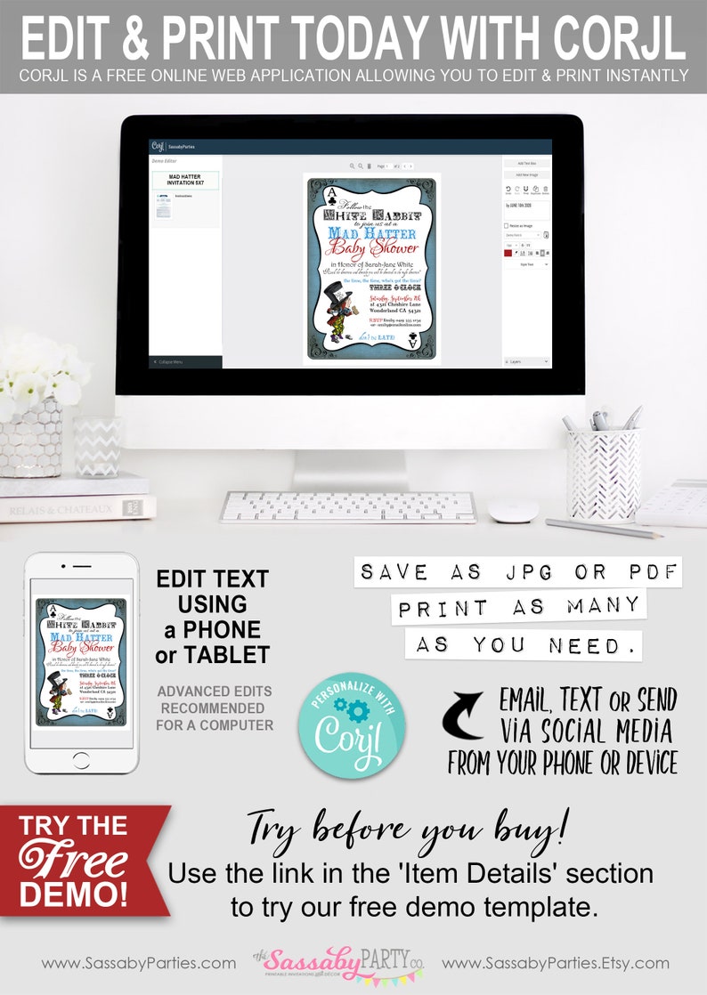 Alice in Wonderland Mad Hatter Tea Party Invitation, Edit Online with Corjl, Invite, Follow the White Rabbit, Edit Text, Editable, Printable, Print Yourself, Instant Download, Digital Files, Baby Shower, Blue,
