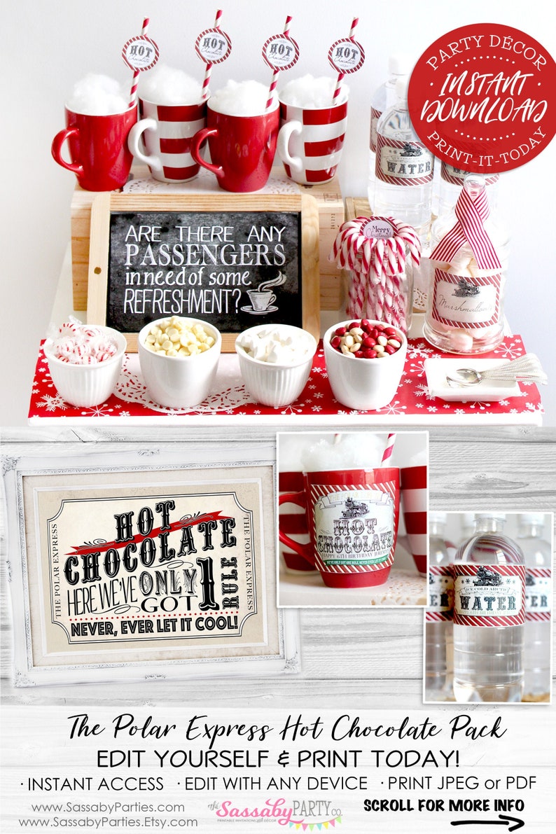 Polar Express Hot Chocolate Pack, Red, Drinks Station, Bar Sign, Drink Labels, Water Labels, Poster, Never Ever Let It Cool, Believe, Birthday Decor, Xmas Party Decor, Christmas Decorations, Instant Download, Printable, Print Yourself