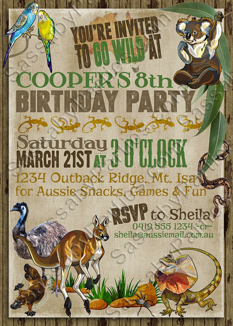 Australian Animals Invitation, Birthday Invite, Australia Party, Any Age Bday, Go Wild, Koala, Kangaroo, Aussie, True Blue, Outback, BBQ, Edit Text, Editable, Instant Download, Printable, Print Yourself,