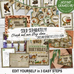 Puede incluir: Un conjunto de decoraciones de fiesta imprimibles para una fiesta de cumplea&ntilde;os con tem&aacute;tica de animales salvajes. El conjunto incluye una pancarta, tarjetas de personajes de animales y un cartel de agradecimiento. Las decoraciones son de estilo r&uacute;stico con colores marrones y verdes. El texto en la pancarta dice "Go Wild At Cooper's 8th Birthday".