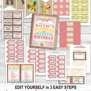 Farmers Market Party Pack, Banner, Favor Tags, Food Tent Cards, Water Bottle Labels, Welcome Sign, Instant Download, Edit Text, Editable, Print Yourself, Printable, Country Stall, Homemade, Farm Fresh, Birthday Decorations, Decor