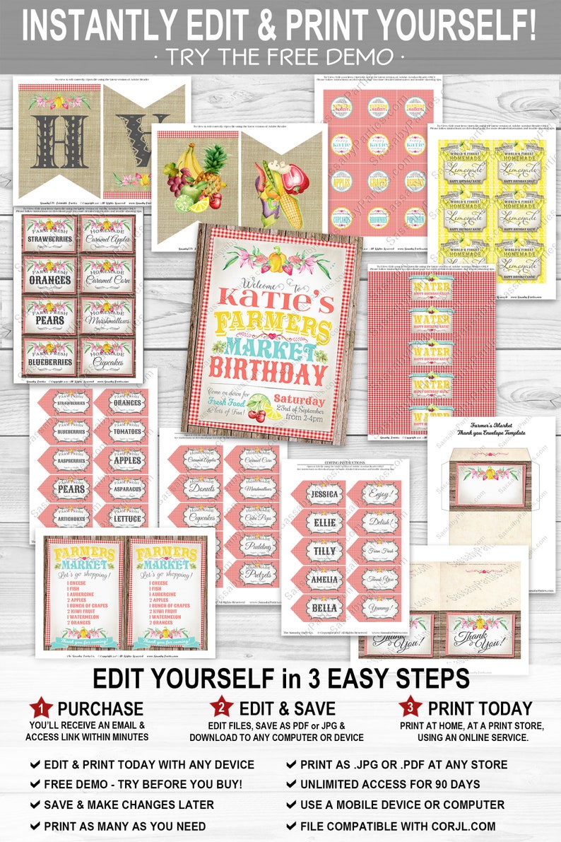 Farmers Market Party Pack, Banner, Favor Tags, Food Tent Cards, Water Bottle Labels, Welcome Sign, Instant Download, Edit Text, Editable, Print Yourself, Printable, Country Stall, Homemade, Farm Fresh, Birthday Decorations, Decor