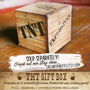 May include: A printable TNT gift box with a wooden crate design. The box is labelled "TNT" and "Explosives".