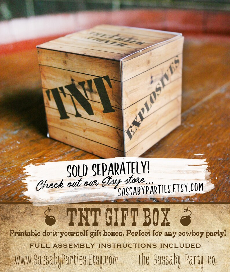 May include: A printable TNT gift box with a wooden crate design. The box is labelled "TNT" and "Explosives".