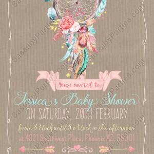 Boho, Dreamcatcher, Feathers, Pastel, Invitation, Invite, Girls, Floral, Pretty, Dreamy, Editable, Edit Text, Printable, Baby Shower, Party, Print Yourself, Instant Download, Print At Home, Digital Files