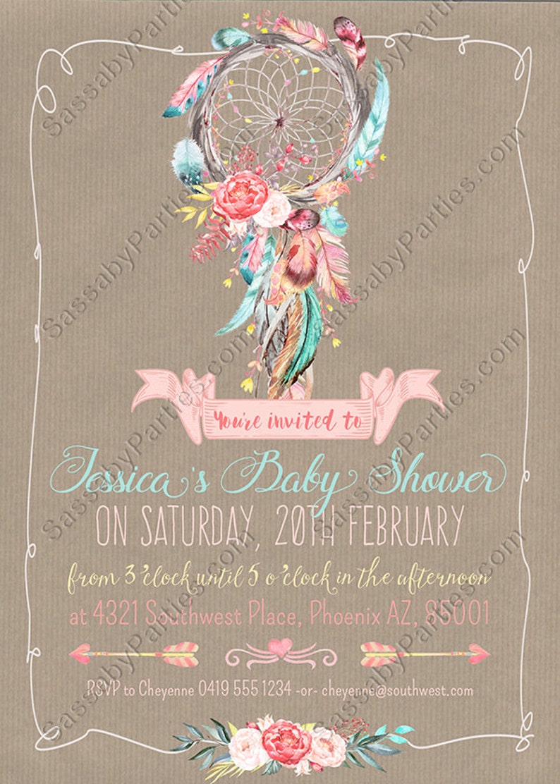 Boho, Dreamcatcher, Feathers, Pastel, Invitation, Invite, Girls, Floral, Pretty, Dreamy, Editable, Edit Text, Printable, Baby Shower, Party, Print Yourself, Instant Download, Print At Home, Digital Files