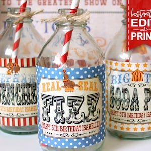 Vintage Circus Drink Bottle Labels - INSTANT DOWNLOAD - partially Editable & Printable Birthday Party Decorations, Carnival Decor, Water