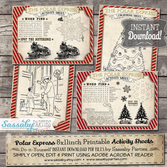 Polar Express Activity Sheets - INSTANT DOWNLOAD - Printable Christmas Birthday Party Games, Puzzles, Coloring Sheets by Sassaby Parties Il_570xn