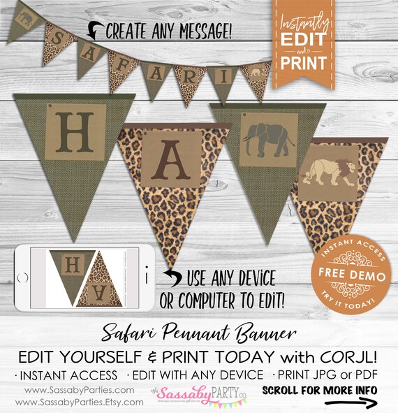 Safari Party Banner - INSTANT DOWNLOAD - Editable & Printable Birthday Decoration, Decor, Bunting, Lion, Elephant, Jungle, Animal Print Il_570xn