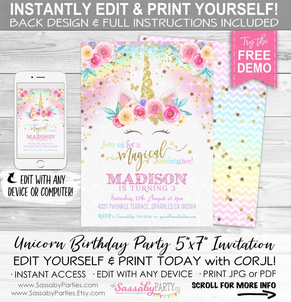 Unicorn Party Invitation - INSTANT DOWNLOAD - Editable & Printable, Girls, Rainbow, Birthday, Invite, Flowers, Sparkles, Magical, Glitter Il_570xn