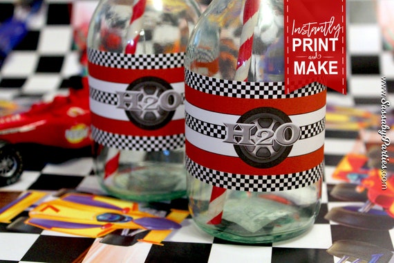 racing car water bottle labels instant download printable birthday party decorations decor h20 checkered flag print yourself red by sassaby parties catch my party