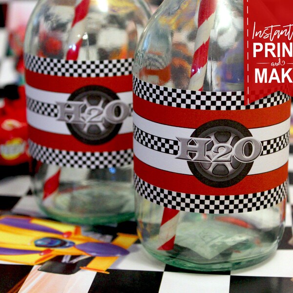 Etiquetas de botellas de agua de coches de carreras - DESCARGA INSTANTE - Decoraciones de fiesta de cumpleaños imprimibles, decoración, H20, bandera a cuadros, imprímase, rojo