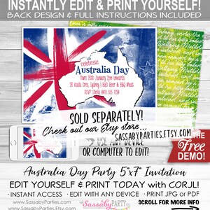 Pu&ograve; includere: Modello di invito per una festa del giorno dell'Australia modificabile di 5x7 pollici con un design di bandiera australiana rosso, bianco e blu. L'invito presenta una mappa dell'Australia con il testo "Celebra il giorno dell'Australia" e dettagli per la festa. Il testo "Venduto separatamente! Dai un'occhiata al nostro negozio Etsy... SassabyParties.Etsy.com La demo gratuita!" &egrave; incluso.