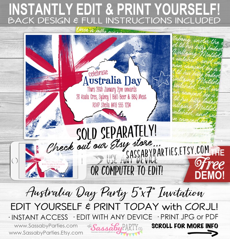 Pu&ograve; includere: Modello di invito per una festa del giorno dell'Australia modificabile di 5x7 pollici con un design di bandiera australiana rosso, bianco e blu. L'invito presenta una mappa dell'Australia con il testo "Celebra il giorno dell'Australia" e dettagli per la festa. Il testo "Venduto separatamente! Dai un'occhiata al nostro negozio Etsy... SassabyParties.Etsy.com La demo gratuita!" &egrave; incluso.