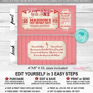Girls Baseball Rockford Peaches, 1st Birthday Invitation, First, The Big One, Ticket, Invite, Edit Text, Editable, Pink, Red, League of Her Own, All-Star, Party Printable, Print Yourself