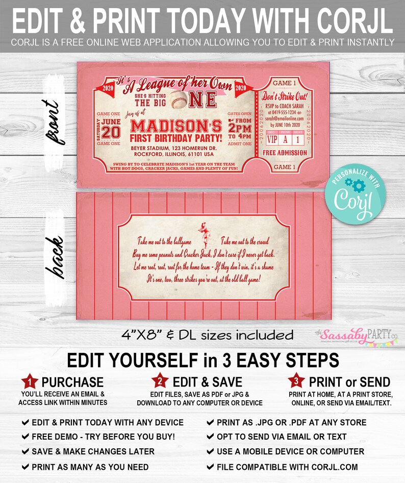 Girls Baseball Rockford Peaches, 1st Birthday Invitation, First, The Big One, Ticket, Invite, Edit Text, Editable, Pink, Red, League of Her Own, All-Star, Party Printable, Print Yourself