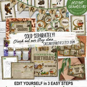 Op de afbeelding: Printbare feestversieringen met een Australisch thema, met banners, dierenillustraties en verjaardagskaarten. De tekst bevat "Direct downloaden" en instructies om "Zelf te bewerken".