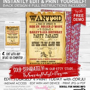 May include: A printable, customisable invitation for a 6th birthday party with a Western theme. The invitation features a vintage wanted poster design with a red and white bandana pattern in the background. The text on the invitation reads "WANTED A POSSE OF COWBOYS TO RIDE BY, HOLLER & WAVE TO CELEBRATE BAILEY'S 6th BIRTHDAY PARTY PARADE! SATURDAY 7TH MAY AT HIGH NOON 600 RODEO AVENUE, COUNTRY TOWN COWBOY HATS & BOOTS ENCOURAGED SEND A TELEGRAM TO CLEMENTINE ON 0419-555-1234 TO LET US KNOW IF YOU CAN MAKE IT"