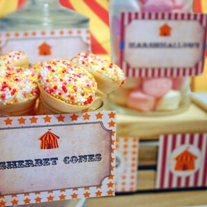 Carnival Circus Party Labels, Food, Candy, Tent Label, Birthday Party Decor, Big Top, Decorations, Edit Yourself, Editable, Stripes, Instant Download, Printable, Print Yourself, Come One Come All
