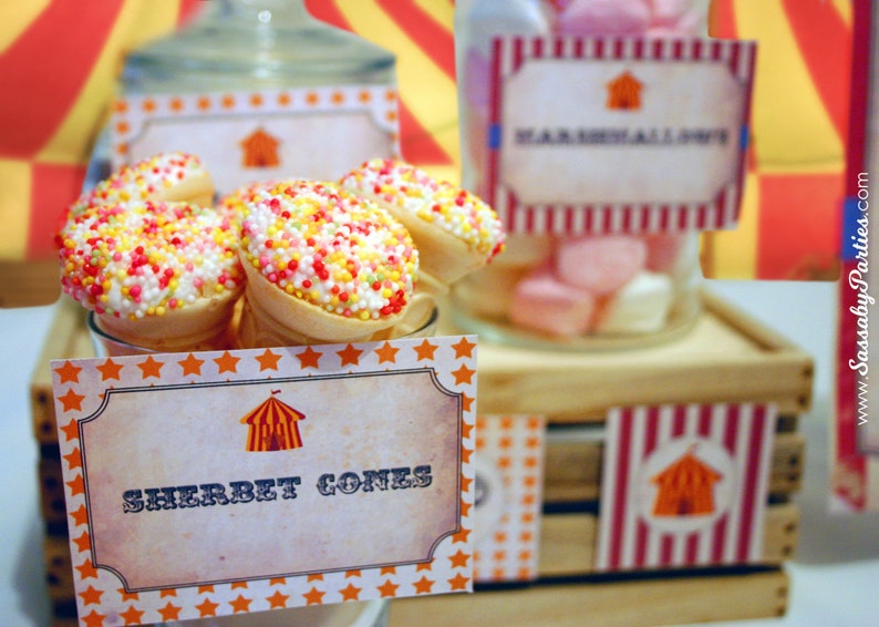 Carnival Circus Party Labels, Food, Candy, Tent Label, Birthday Party Decor, Big Top, Decorations, Edit Yourself, Editable, Stripes, Instant Download, Printable, Print Yourself, Come One Come All