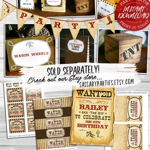 May include: Printable Wild West Cowboy Party Pack with editable elements. Includes a wanted poster, water bottle labels, party favour tags, and more.  Download and print today!  Edit using Adobe Reader DC.  SassybyParties.com
