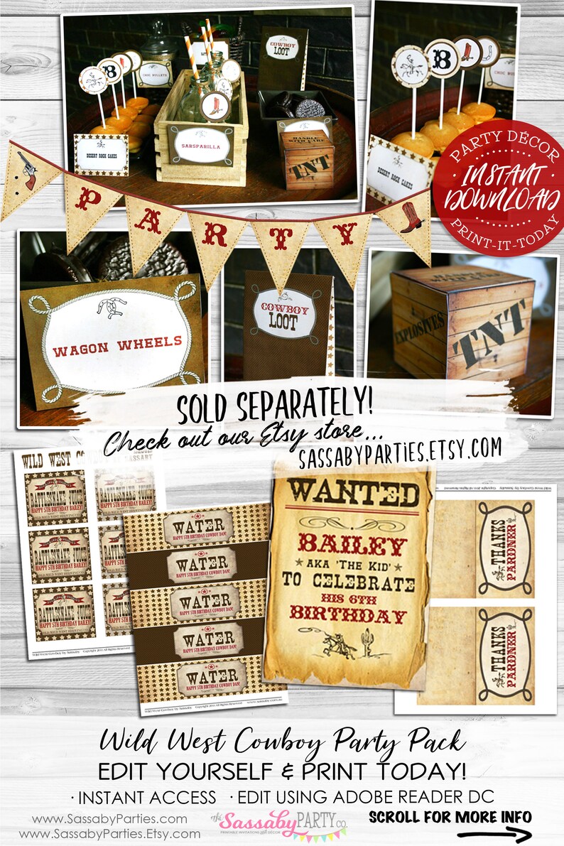 May include: Printable Wild West Cowboy Party Pack with editable elements. Includes a wanted poster, water bottle labels, party favour tags, and more.  Download and print today!  Edit using Adobe Reader DC.  SassybyParties.com