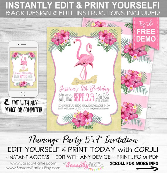 Flamingo Invitation - INSTANT DOWNLOAD - Partially Editable & Printable Invite Birthday Party, Baby Shower Invitation, Pink Yellow, Tropical Il_570xn