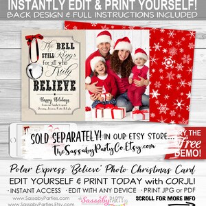 Pu&ograve; includere: Un biglietto di Natale rosso e bianco con una foto di una famiglia con cappelli di Babbo Natale. Il biglietto presenta una campana con il testo "The Bell Still Rings for all who Truly Believe" e "Happy Holidays from our family to yours Jeremy, Jessica, Katie & Lyla". Il biglietto &egrave; intitolato "Polar Express 'Believe' Photo Christmas Card" e dice "Edit Yourself & Print Today with Corjl! Instant Access - Edit with Any Device - Print JPG or PDF".
