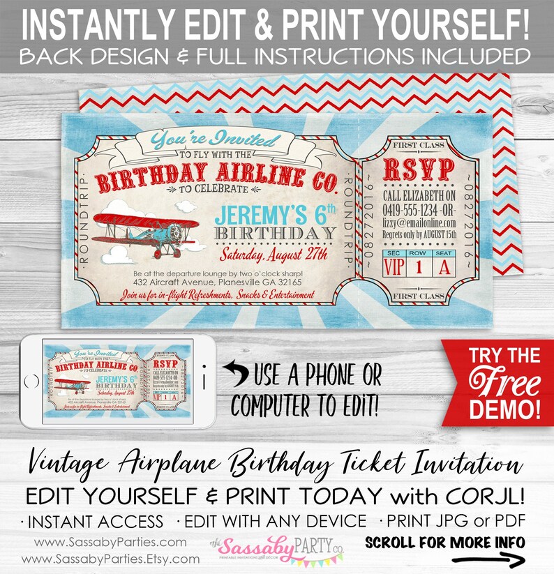 Airplane Birthday Party Invitation, Invite, Edit Text, Editable, Printable, Print Yourself, Instant Download, Plane, Aeroplane, Airline, Birthday, Baby Shower, Decor, Decorations