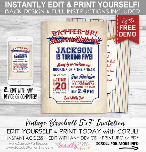 Vintage Baseball Invitation - INSTANT DOWNLOAD - Edit & Print Yourself, Rookie, Batter Up, Birthday Party Invite, Bday, Ballgame, Printable Il_570xn