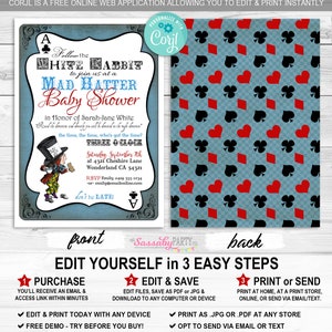 Alice in Wonderland Mad Hatter Tea Party Invitation, Invite, Follow the White Rabbit, Edit Text, Editable, Printable, Print Yourself, Instant Download, Digital Files, Baby Shower, Blue,