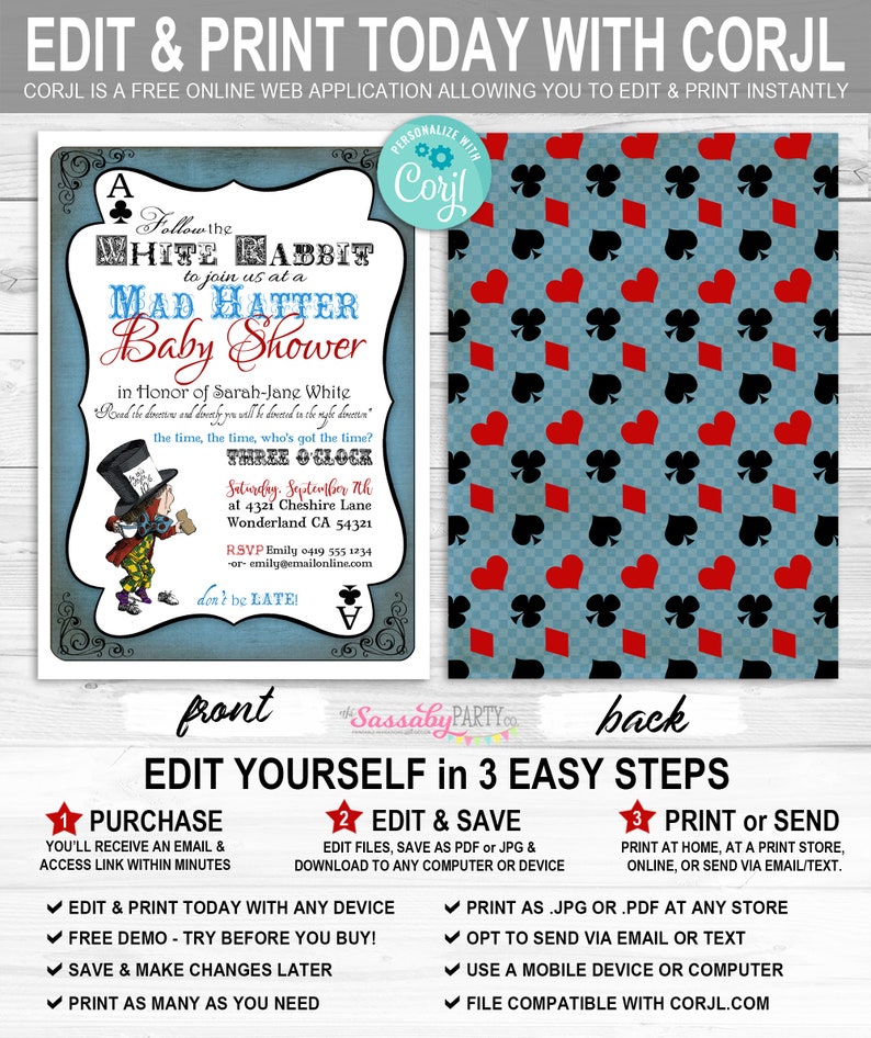 Alice in Wonderland Mad Hatter Tea Party Invitation, Invite, Follow the White Rabbit, Edit Text, Editable, Printable, Print Yourself, Instant Download, Digital Files, Baby Shower, Blue,