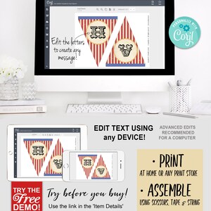 Circus Banner, Edit with Corjl, Bunting, Pennant Flags, Edit Yourself, Editable Message, Elephant, Stripes, Red, Birthday, Decorations, Decor, Instant Download, Print Yourself, Big Top Tent