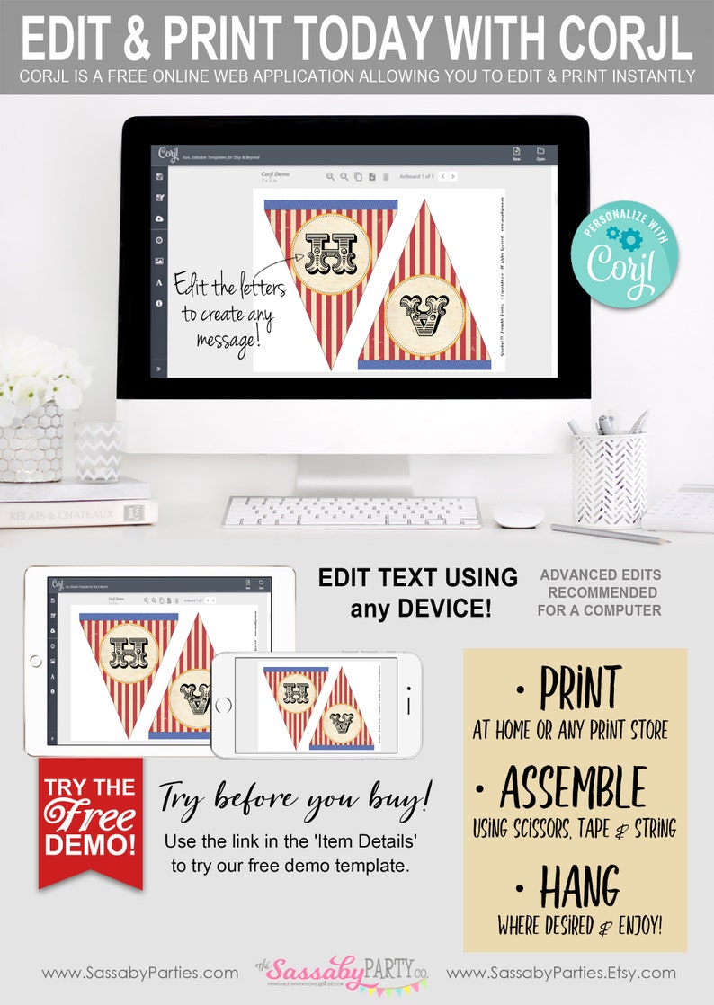 Circus Banner, Edit with Corjl, Bunting, Pennant Flags, Edit Yourself, Editable Message, Elephant, Stripes, Red, Birthday, Decorations, Decor, Instant Download, Print Yourself, Big Top Tent