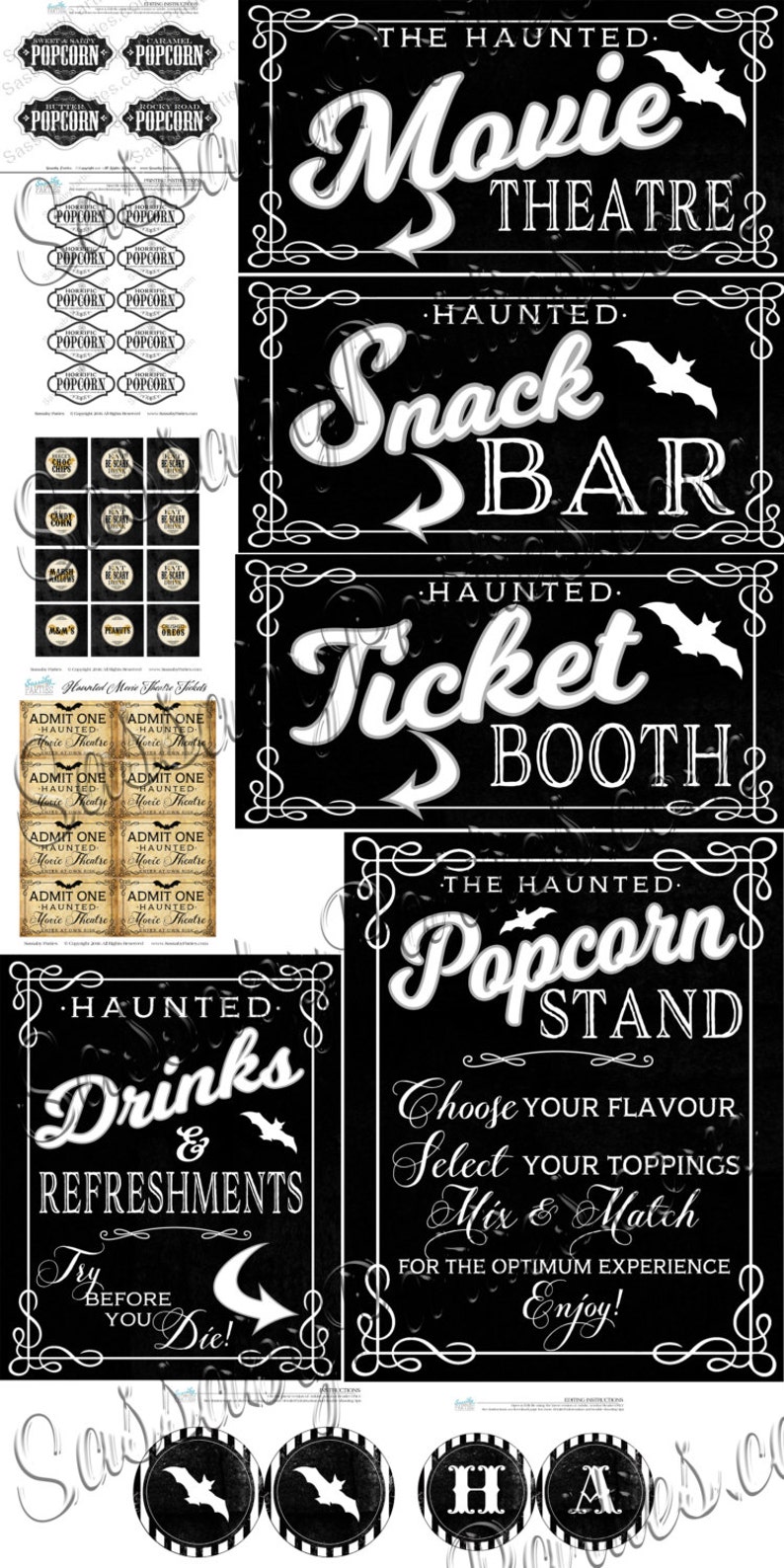 Halloween Horror Movie Party Pack, Posters, Signs, Popcorn Labels, Food Tent Cards, Decor, Decorations, Banner, Bunting, Haunted, Edit Yourself, Editable, Instant Download, Printable, Print Yourself,