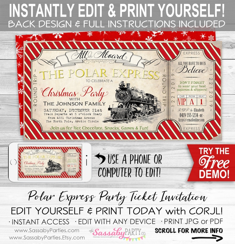 Polar Express Party Invitation, Ticket Invite, Red, Snowflakes, All Aboard, Printable, Print yourself, Birthday Decorations, Christmas, Xmas, Instant Download, Digital File