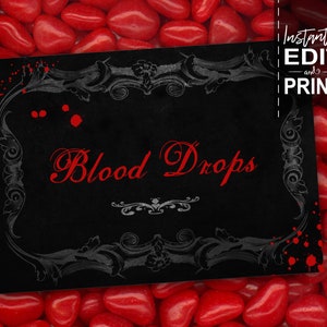 Halloween Party Labels, Vampire, Twilight, Dracula, Decor, Decorations, Food Tent Cards, Haunted, Instant Download, Blood Drops, Printable, Print Yourself, Edit Text, Editable