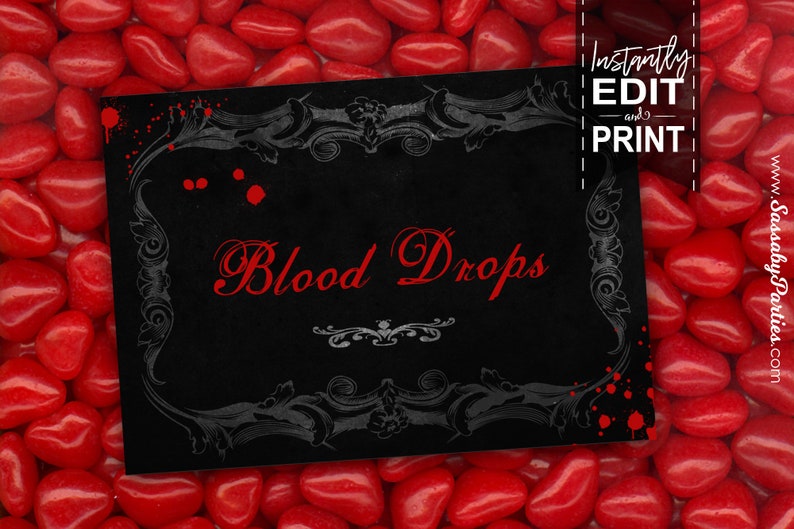 Halloween Party Labels, Vampire, Twilight, Dracula, Decor, Decorations, Food Tent Cards, Haunted, Instant Download, Blood Drops, Printable, Print Yourself, Edit Text, Editable