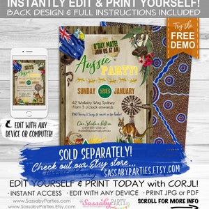 Puede incluir: Una invitaci&oacute;n imprimible para una fiesta australiana con un canguro, un molino de viento y un bumer&aacute;n. La invitaci&oacute;n est&aacute; decorada con arte aborigen australiano y tiene el texto "G'day Mate! Join us at an Aussie Party!" y "Sunday 26 January".