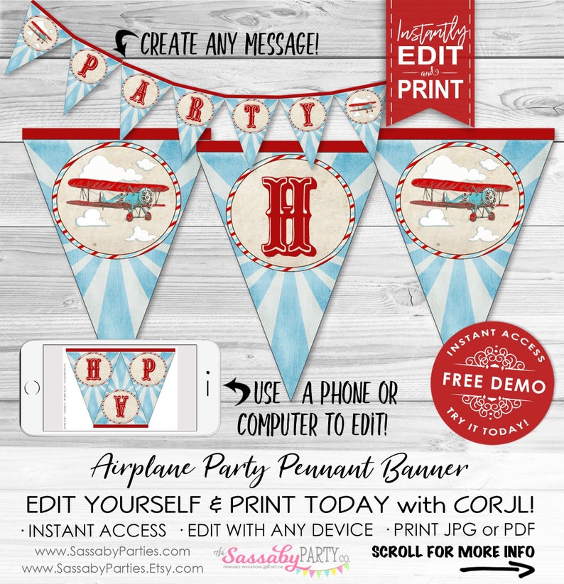 Baby Shower INSTANT DOWNLOAD Vintage Airplane Banner Airline Aeroplane Biplane Birthday Bunting Editable /& Printable Party Banner