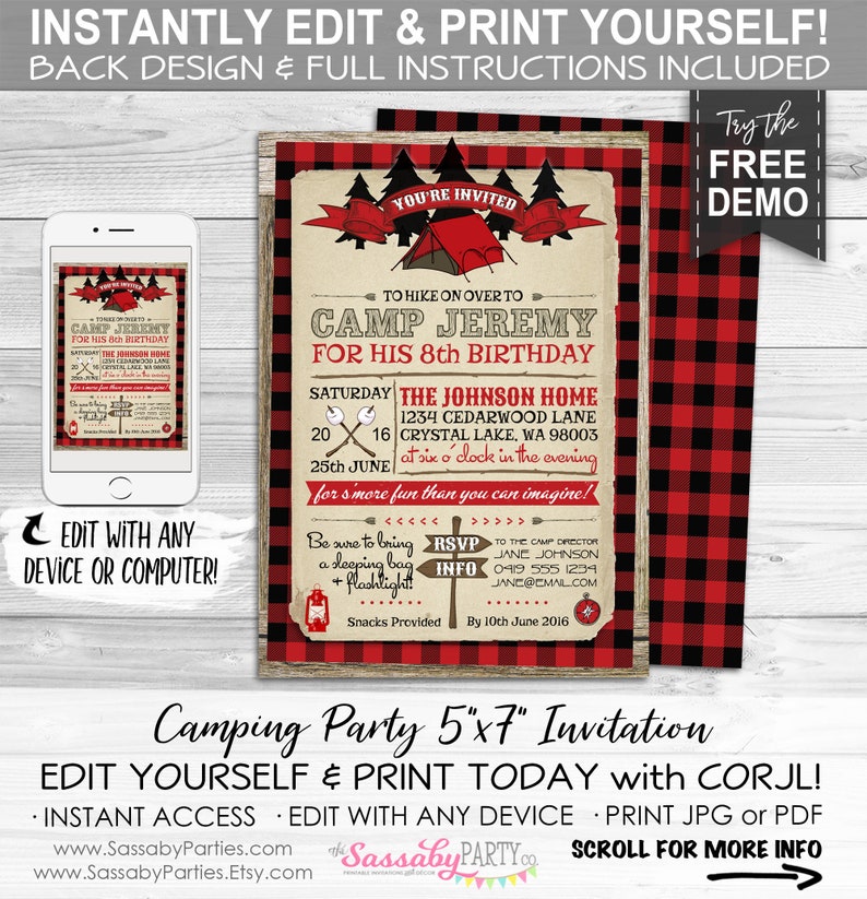 Camping Party Invitation, Red, Lumberjack, Any Age, Tent, Scouts, Summer Camp, Smores, Arrows, Campfire, Compass, Woods, Instant Download, Printable Birthday, Print Yourself