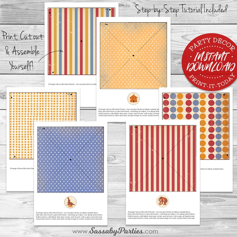 Circus Pinwheels Templates, Party Decorations, Included Decor, Red, Birthday, Instant Download, Edit Text, Editable, Printable, Carnival, Big Top, Come One Come All, Print Yourself