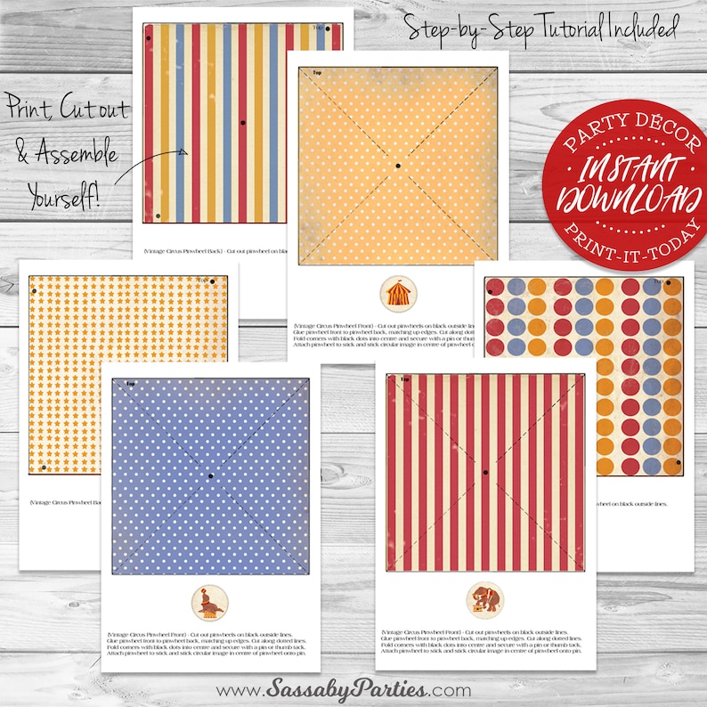 Circus Pinwheels Templates, Party Decorations, Included Decor, Red, Birthday, Instant Download, Edit Text, Editable, Printable, Carnival, Big Top, Come One Come All, Print Yourself