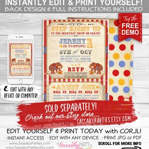 May include: A printable invitation for a circus-themed birthday party. The invitation features a red, white, and blue striped background with a ticket-style design. The text on the invitation reads "Step Right Up to the Greatest Show on Earth!" and "Jeremy is turning 8th of Oct".