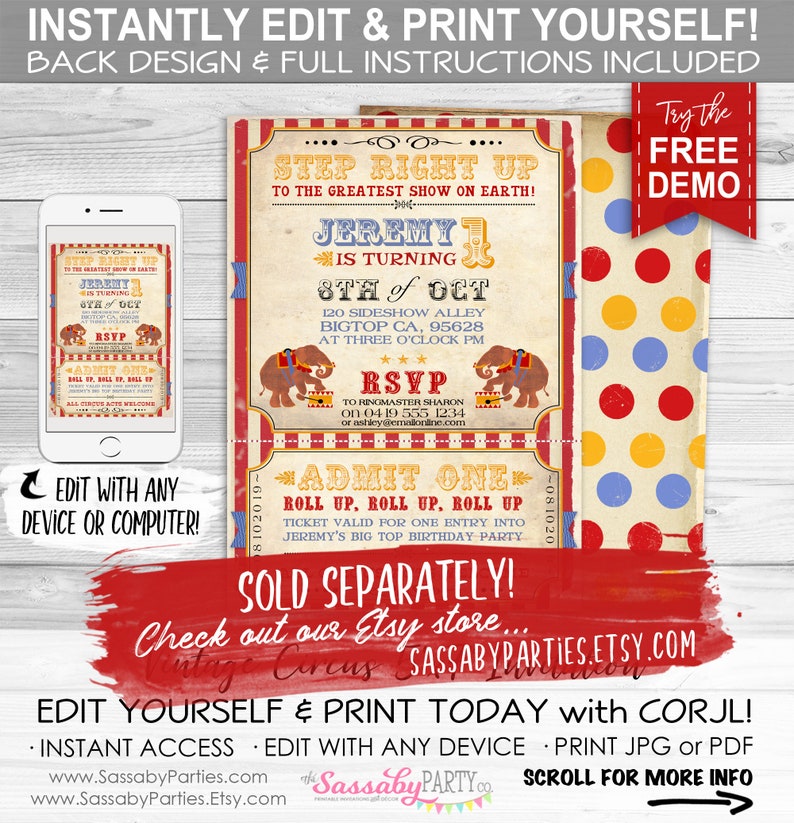 May include: A printable invitation for a circus-themed birthday party. The invitation features a red, white, and blue striped background with a ticket-style design. The text on the invitation reads "Step Right Up to the Greatest Show on Earth!" and "Jeremy is turning 8th of Oct".