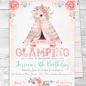 Boho, Glamping, Tent, Teepee, Invitation, Invite, Any Age, Girls, Birthday, Flowers, Floral, Feathers, Southwest, Pastel, Pretty, Dreamy, Pink, Editable, Edit Text, Printable, Birthday Party, Print Yourself, Instant Download, At Home, Digital Files