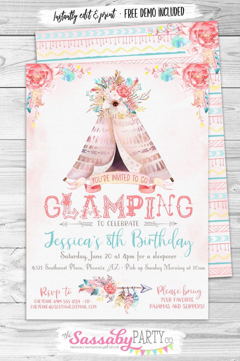 Boho, Glamping, Tent, Teepee, Invitation, Invite, Any Age, Girls, Birthday, Flowers, Floral, Feathers, Southwest, Pastel, Pretty, Dreamy, Pink, Editable, Edit Text, Printable, Birthday Party, Print Yourself, Instant Download, At Home, Digital Files